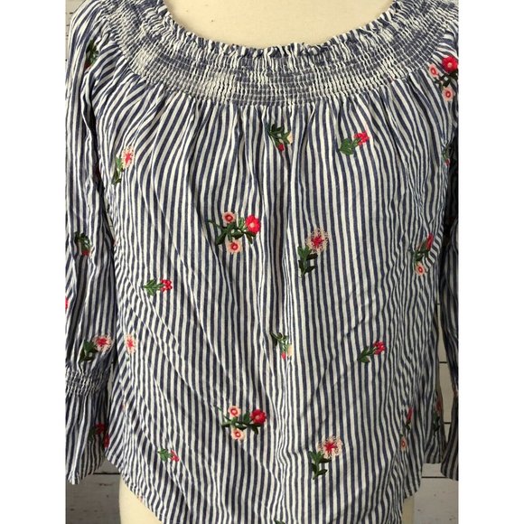 Miss Me‎ Off the Shoulder Denim Blouse Medium Embroidered Sexy Top Striped Shirt - Picture 3 of 8